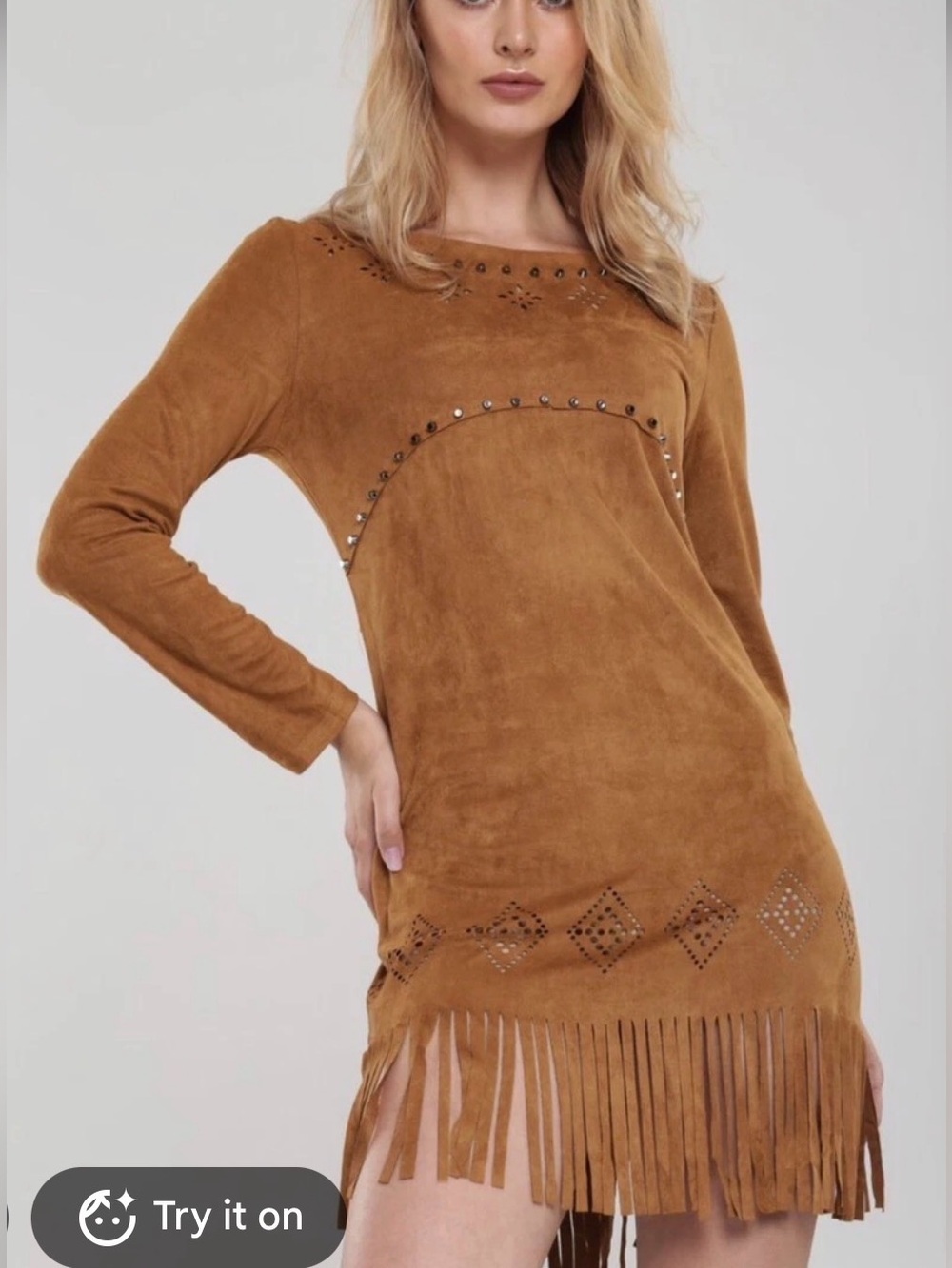 Neslay Design Faux Suede Fringe Long Sleeve Dress Studded Western Boho